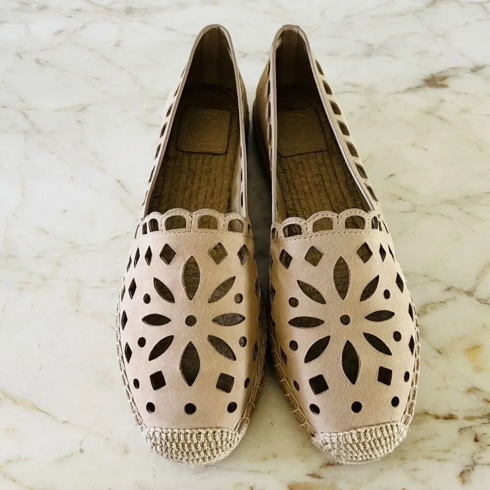 TORY BURCH May Desert Blush Tan Kid Suede Espadrille Flats - US 9.5